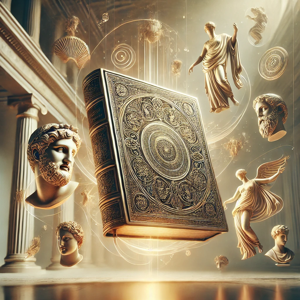 A visually striking image of a floating ancient Roman-style book, glowing softly with a golden aura.