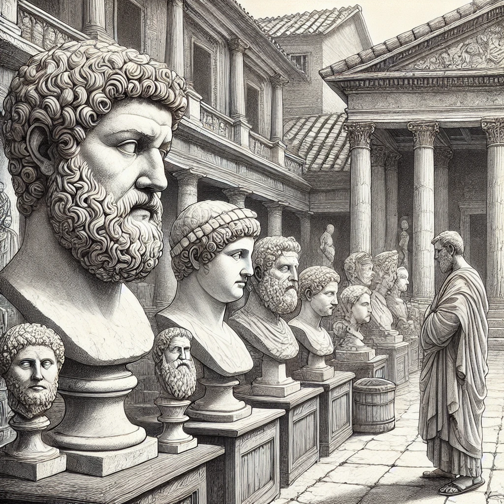 A highly detailed and artistic pencil-drawing style visualization of an ancient Roman marketplace focused on the trading of Stoic-themed statues