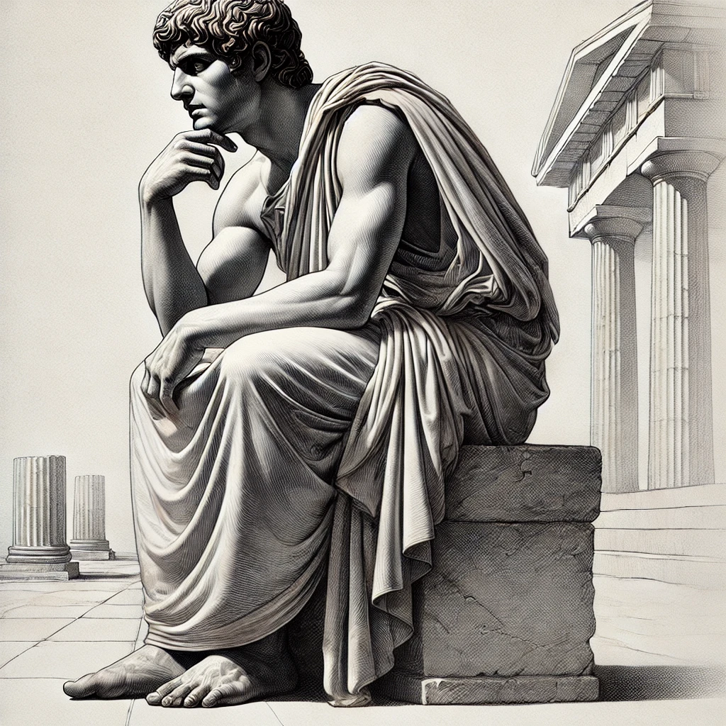 A highly detailed pencil-drawing style depiction of an ancient Greek figure in deep thought. The figure is seated on a stone bench