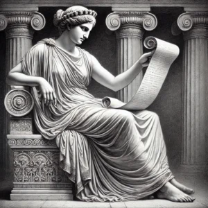 A detailed pencil-drawing style depiction of an ancient Greek figure reading a paper scroll. The figure is seated gracefully on a stone bench