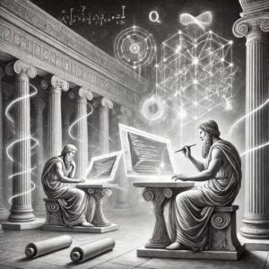 Greek figures researching technology in black and white pencil style